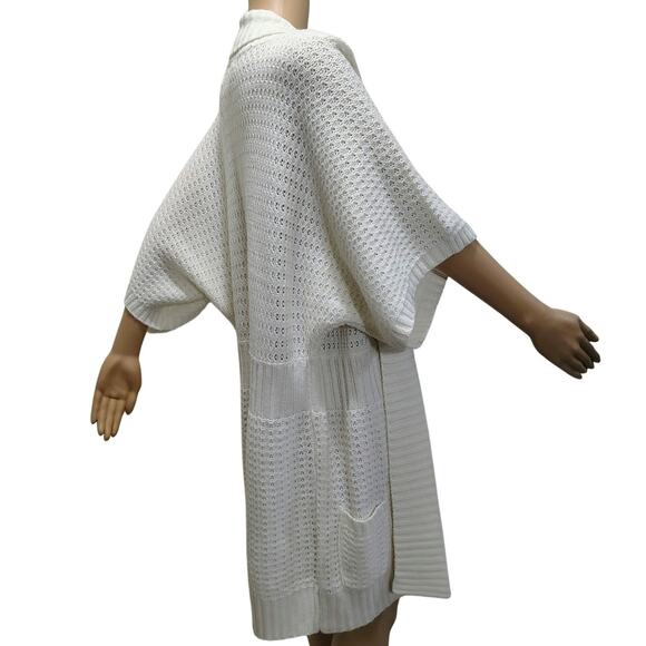 1990s Knit Wool Cardigan Cream Long Boho Open Front Short Sleeve Sweater Size L - Picture 4 of 10